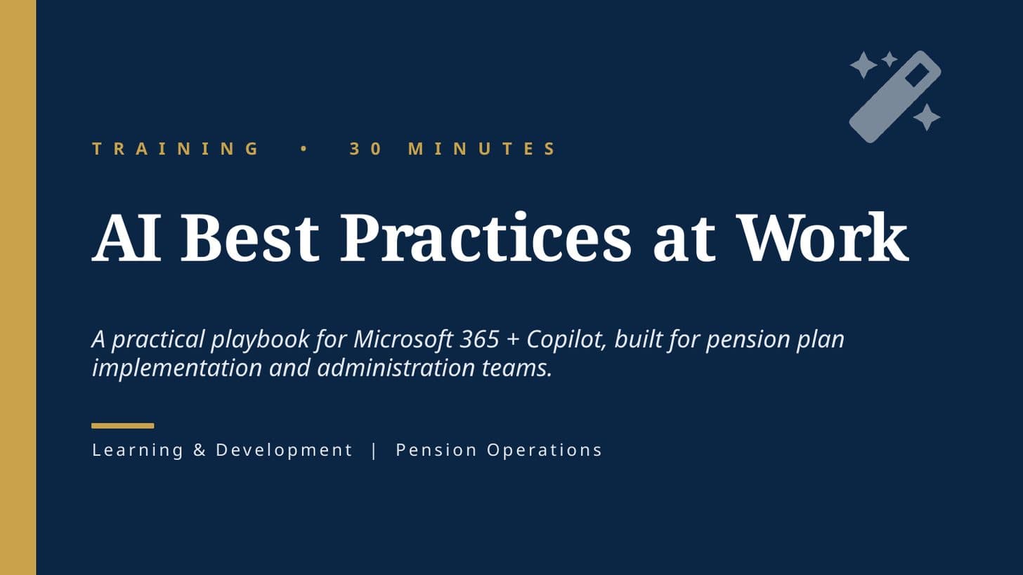 Title slide of AI Best Practices at Work — a real training deck produced with AskDeck.
