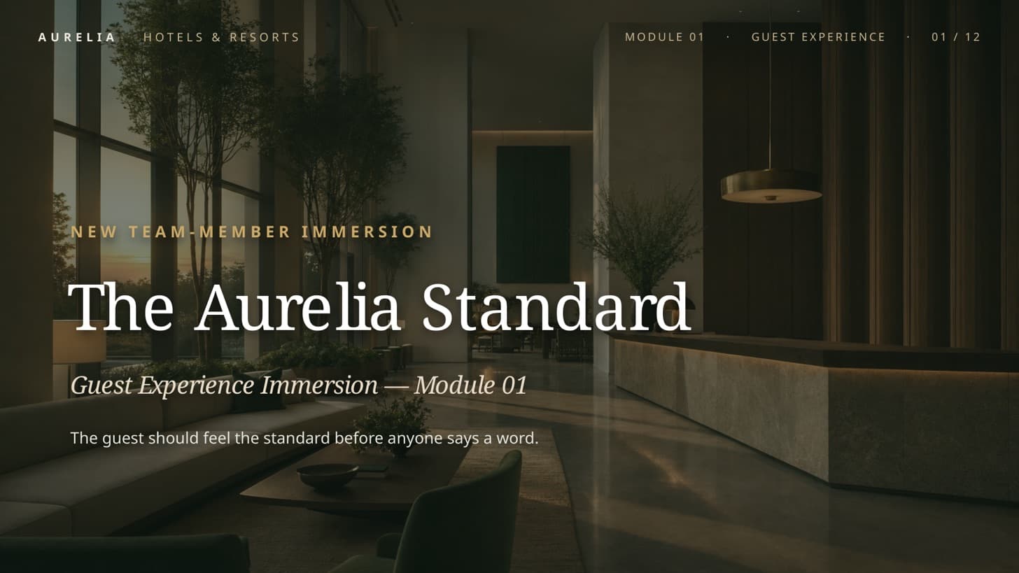 Title slide of The Aurelia Standard — an image-led hospitality training module produced with AskDeck (fictional brand).