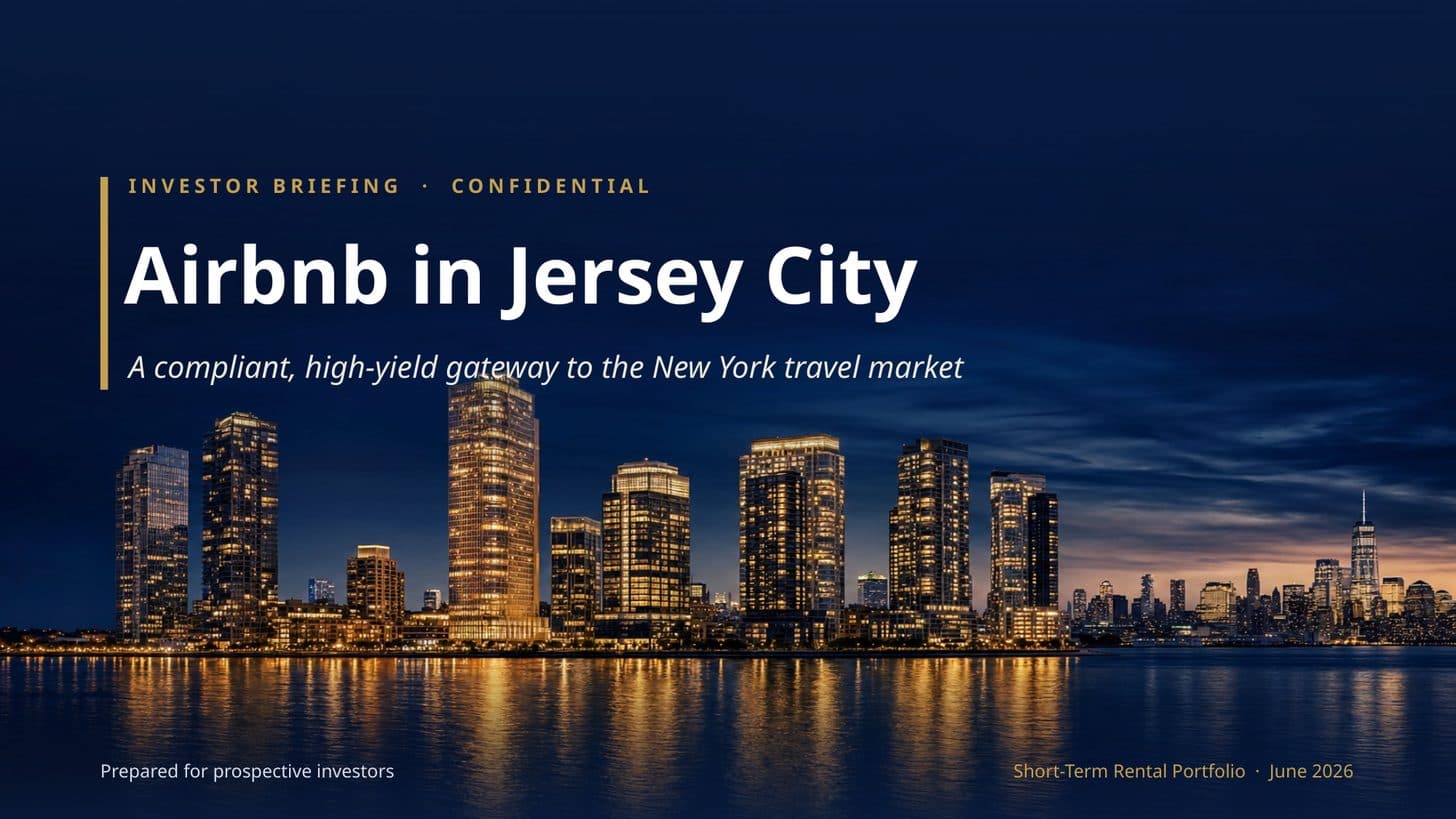 Title slide of the Airbnb Jersey City investor pitch — a real deck produced with AskDeck.