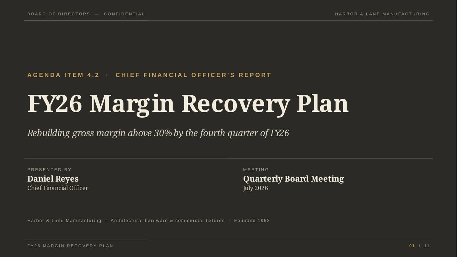 Title slide of the Harbor & Lane FY26 margin-recovery board briefing produced with AskDeck (fictional company).