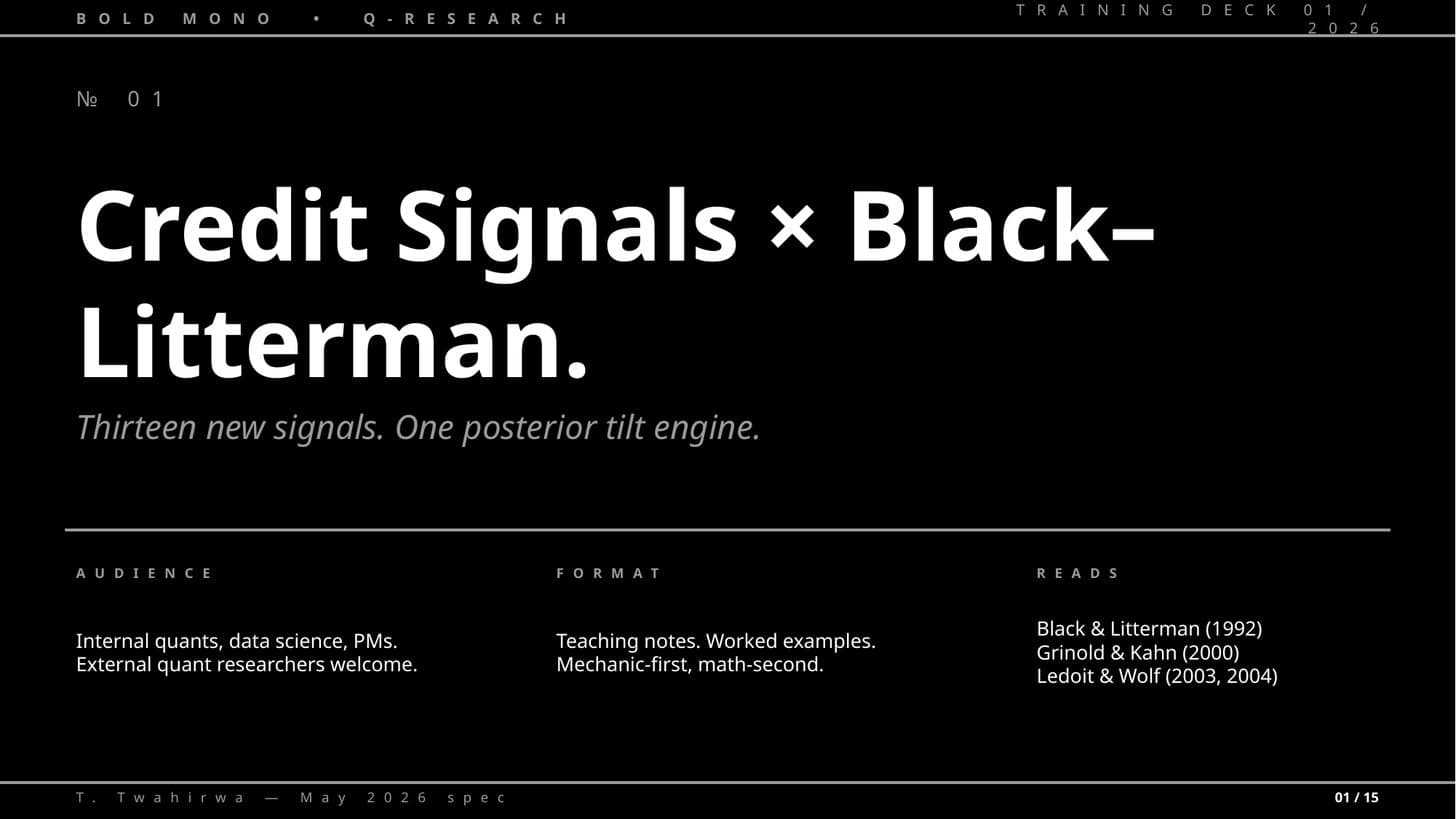 Title slide of Credit Signals × Black–Litterman — a real quant-research seminar deck, briefed and built in French.